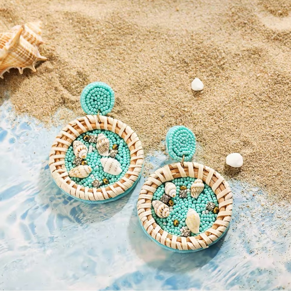 Turquoise and Beige Beaded Earrings